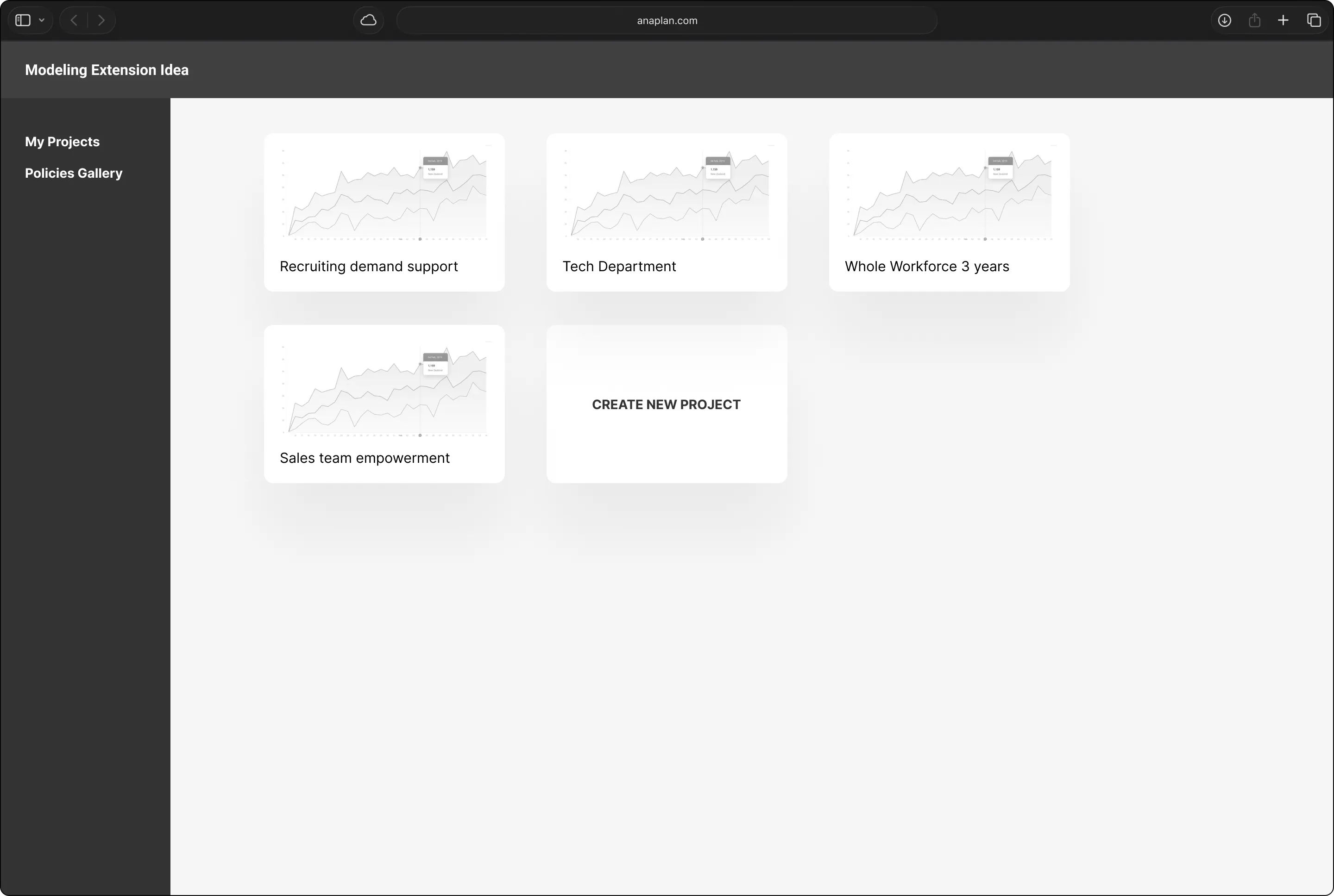 Greyscale wireframe of the projects gallery, with project cards and a Create New Project tile