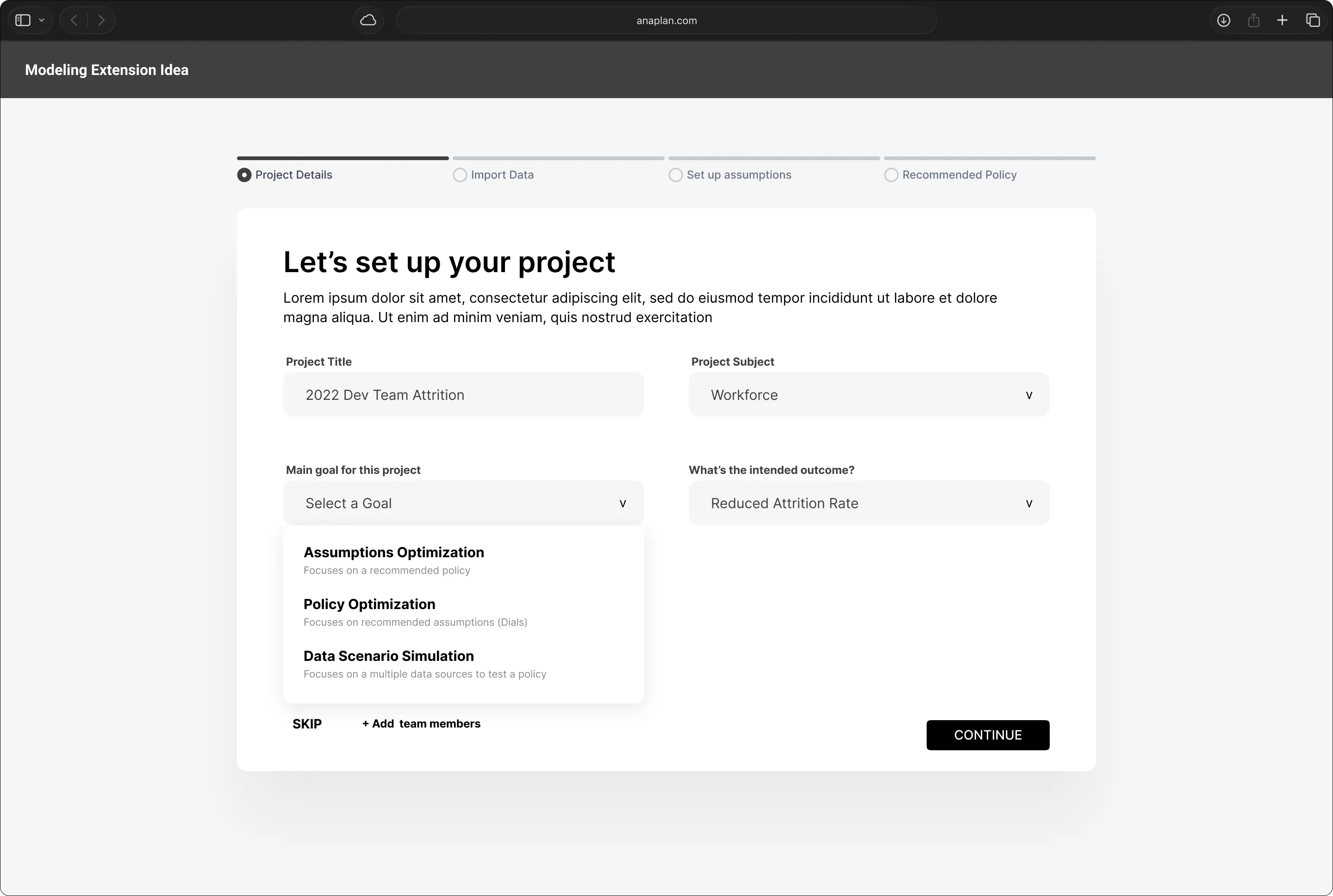 Greyscale wireframe of the project setup step, with title, subject and goal dropdowns