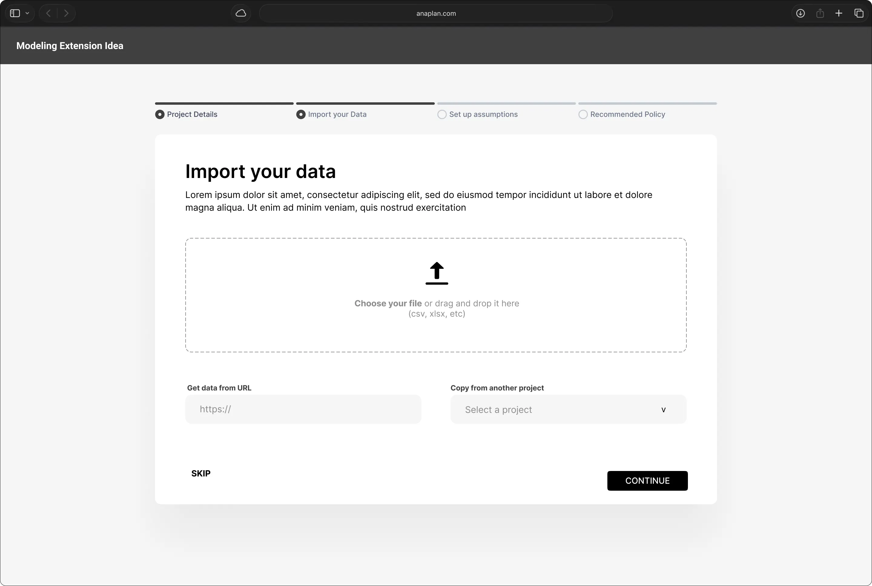 Greyscale wireframe of the data import step, with a drag-and-drop file area and a URL field