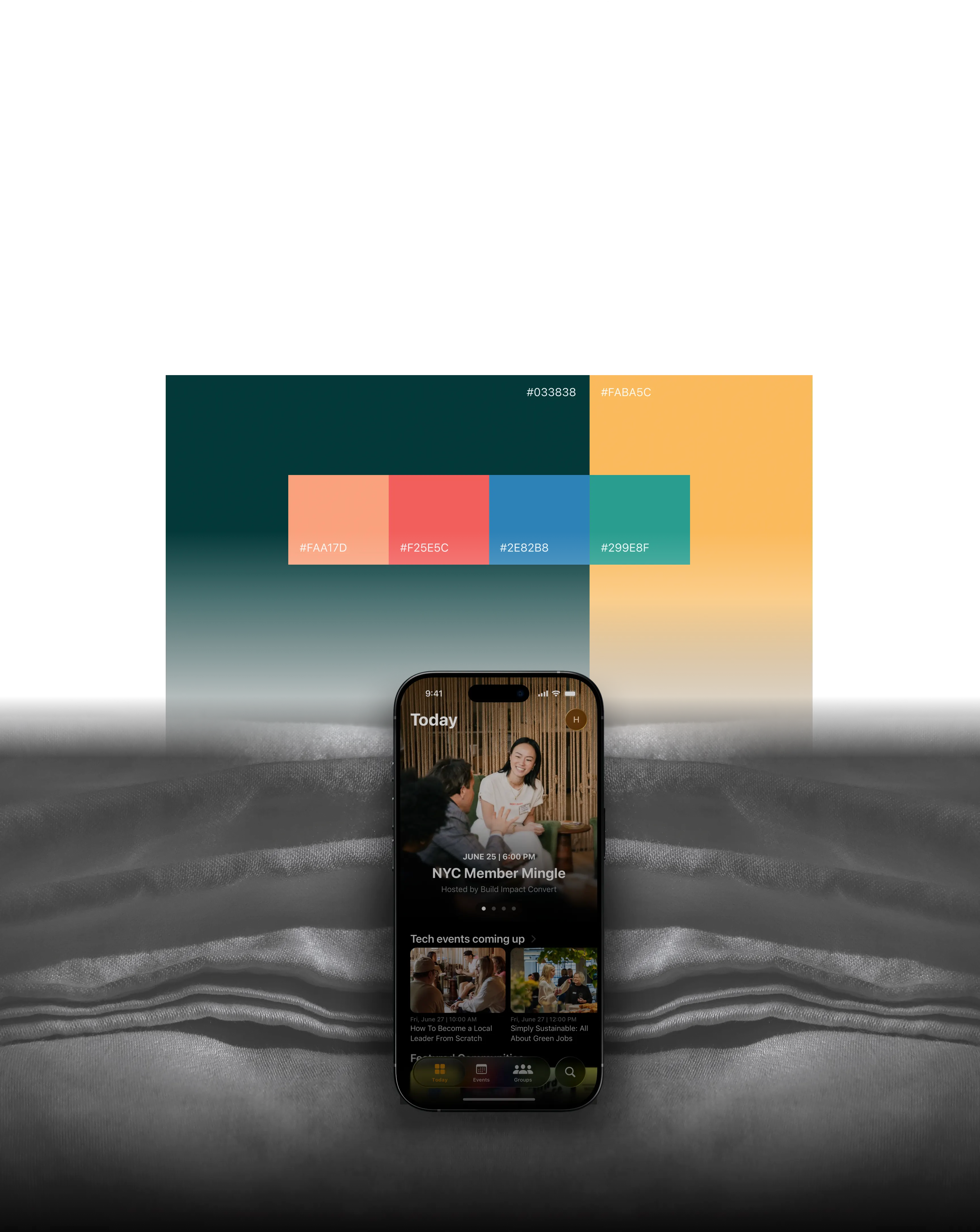 Fabrik design system sheet: the SF Pro typescale, a teal and amber colour palette with hex values, and the Today screen shown on a phone