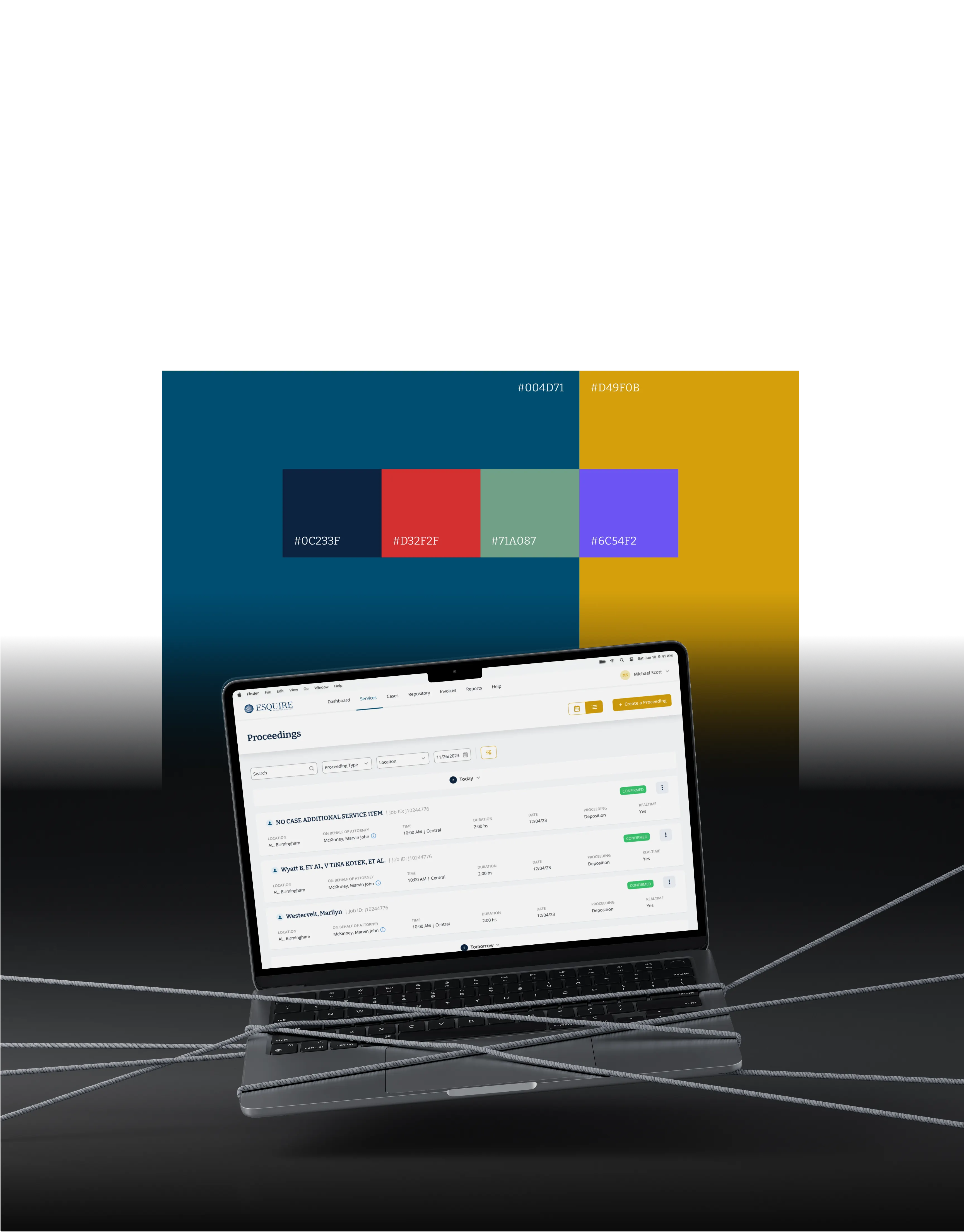 Esquire design system sheet: the Bitter typescale, a blue and gold colour palette with hex values, and the Proceedings screen shown on a laptop