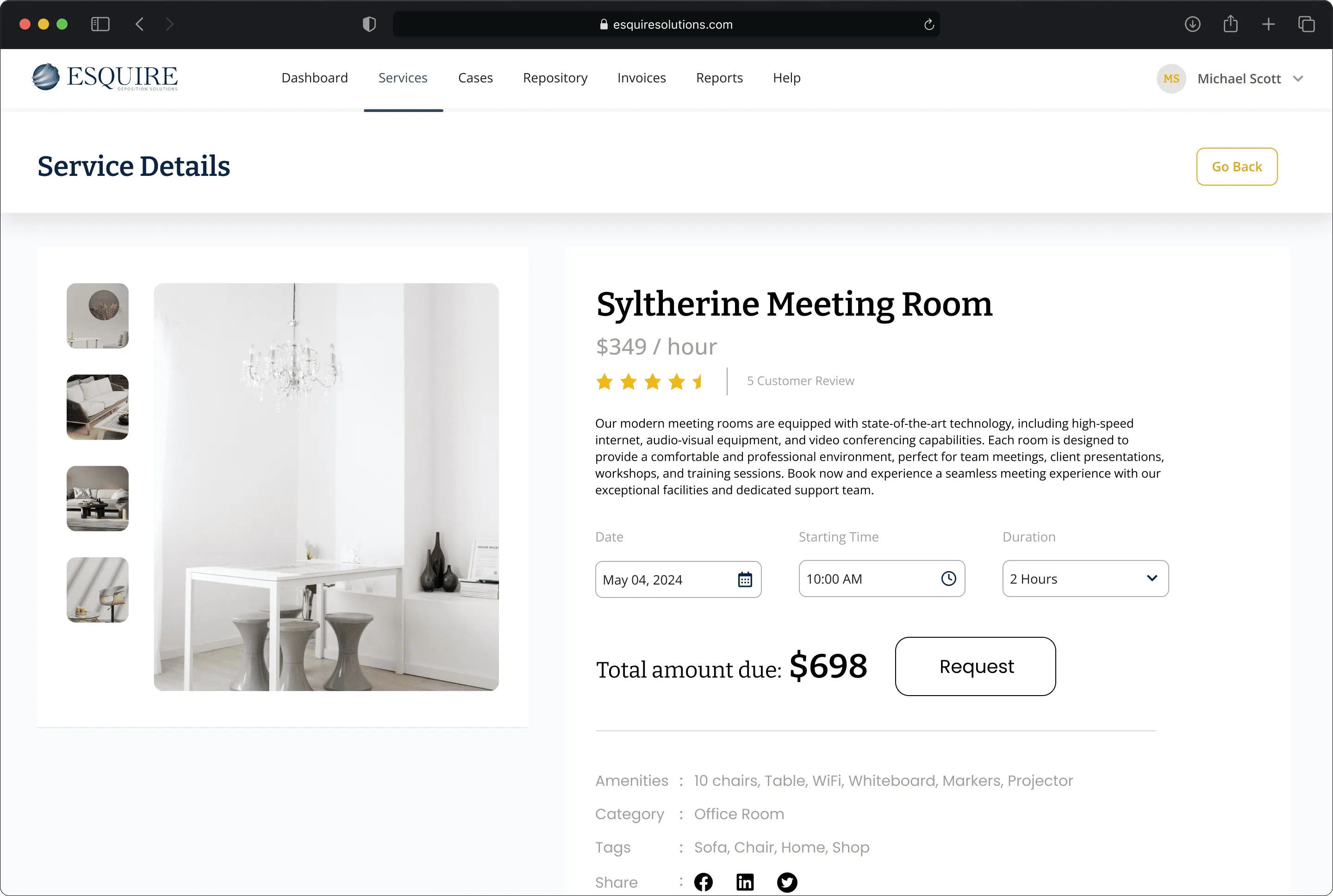 Service detail page for the Syltherine Meeting Room, with photos, a date and duration booking form, and the total amount due