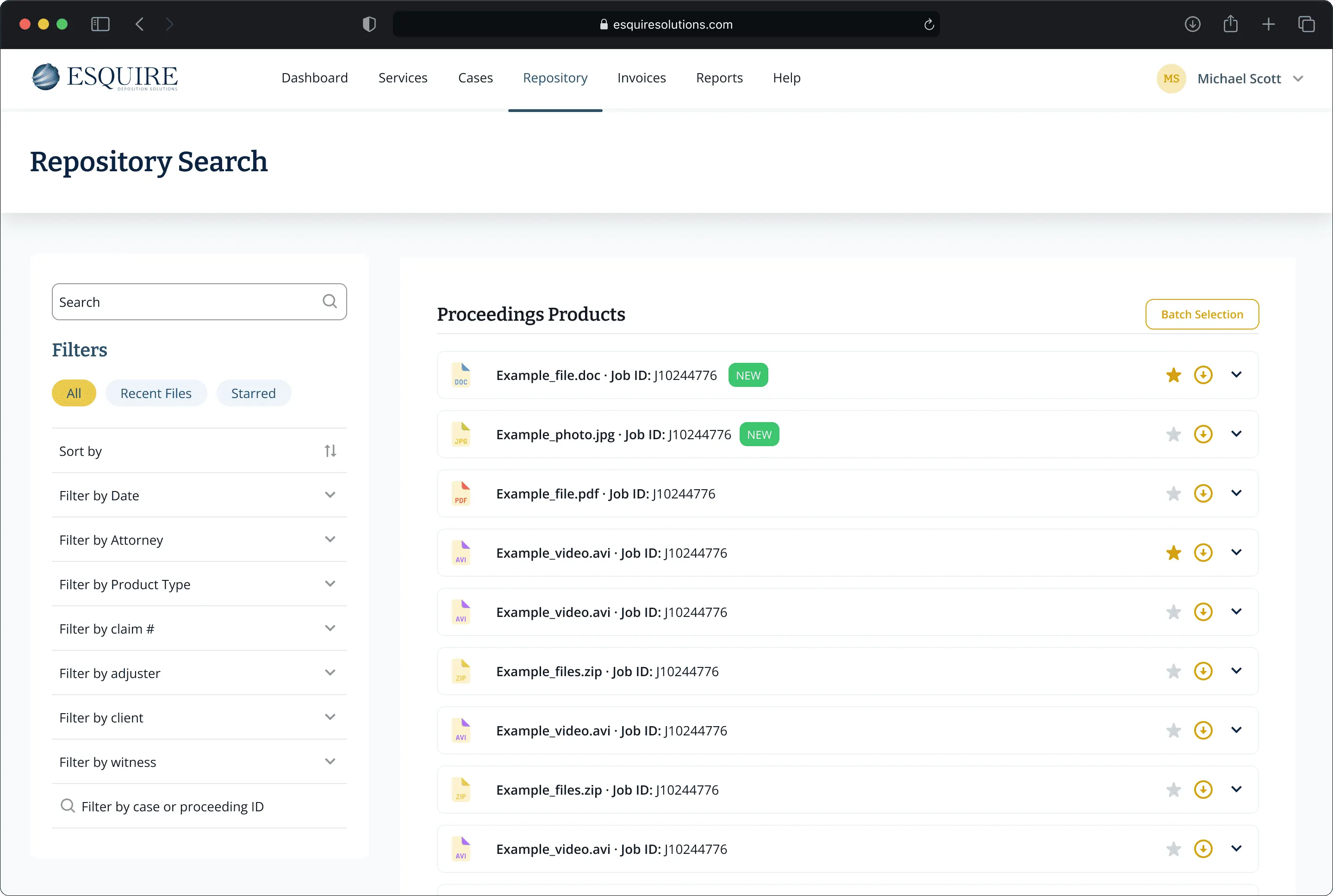 Repository search results listing case documents, photos and videos, with filters by date, attorney and claim down the left