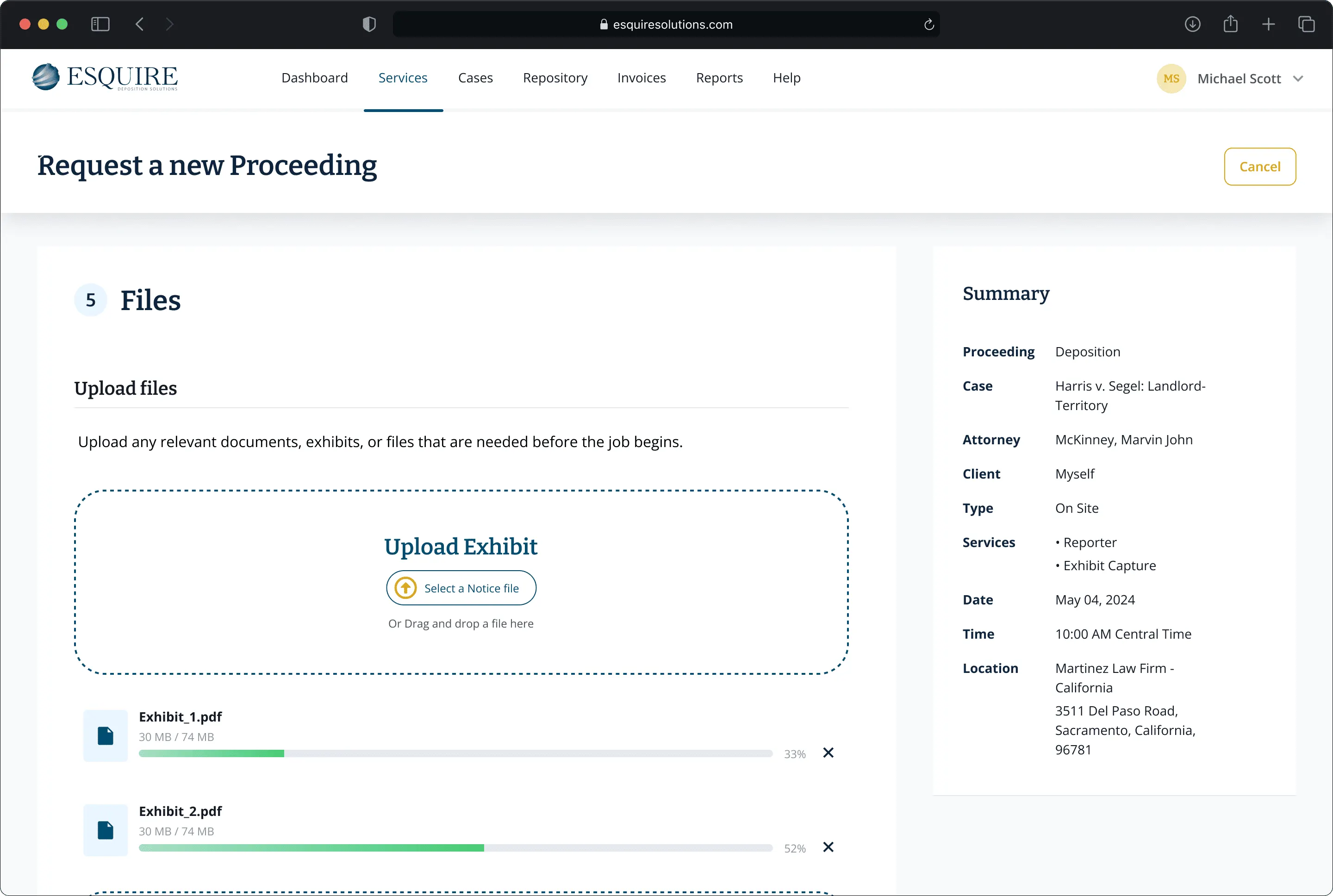 Request a new Proceeding wizard on the file upload step, with exhibits uploading and a summary panel on the right