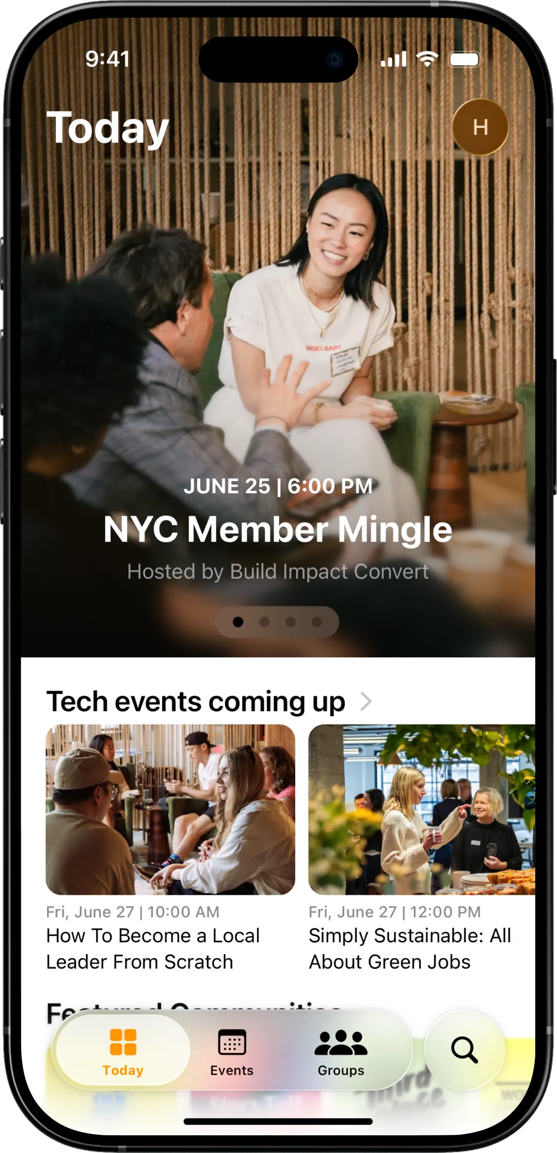Fabrik Today tab featuring the NYC Member Mingle event over a photo of people talking, with upcoming tech events listed below