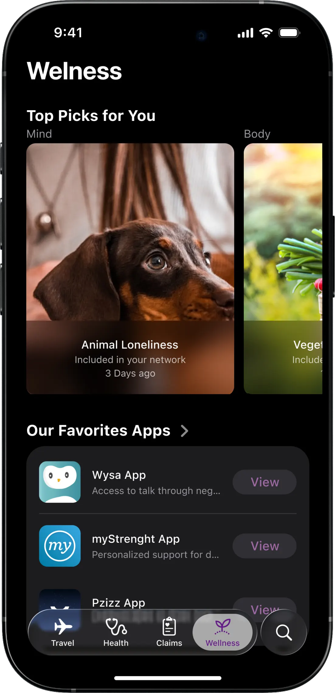 Aetna Wellness tab with Top Picks for You cards for mind and body, above a list of partner wellbeing apps
