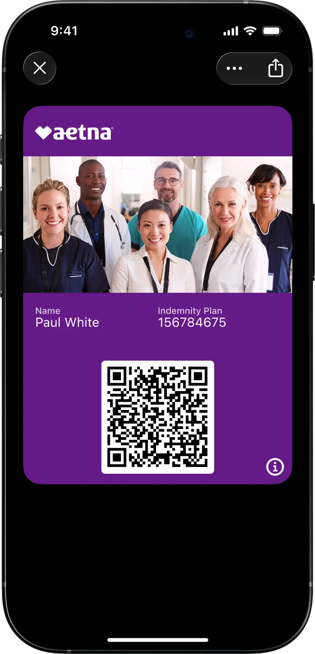 Aetna digital member ID card in purple, showing the member name, indemnity plan number and a QR code