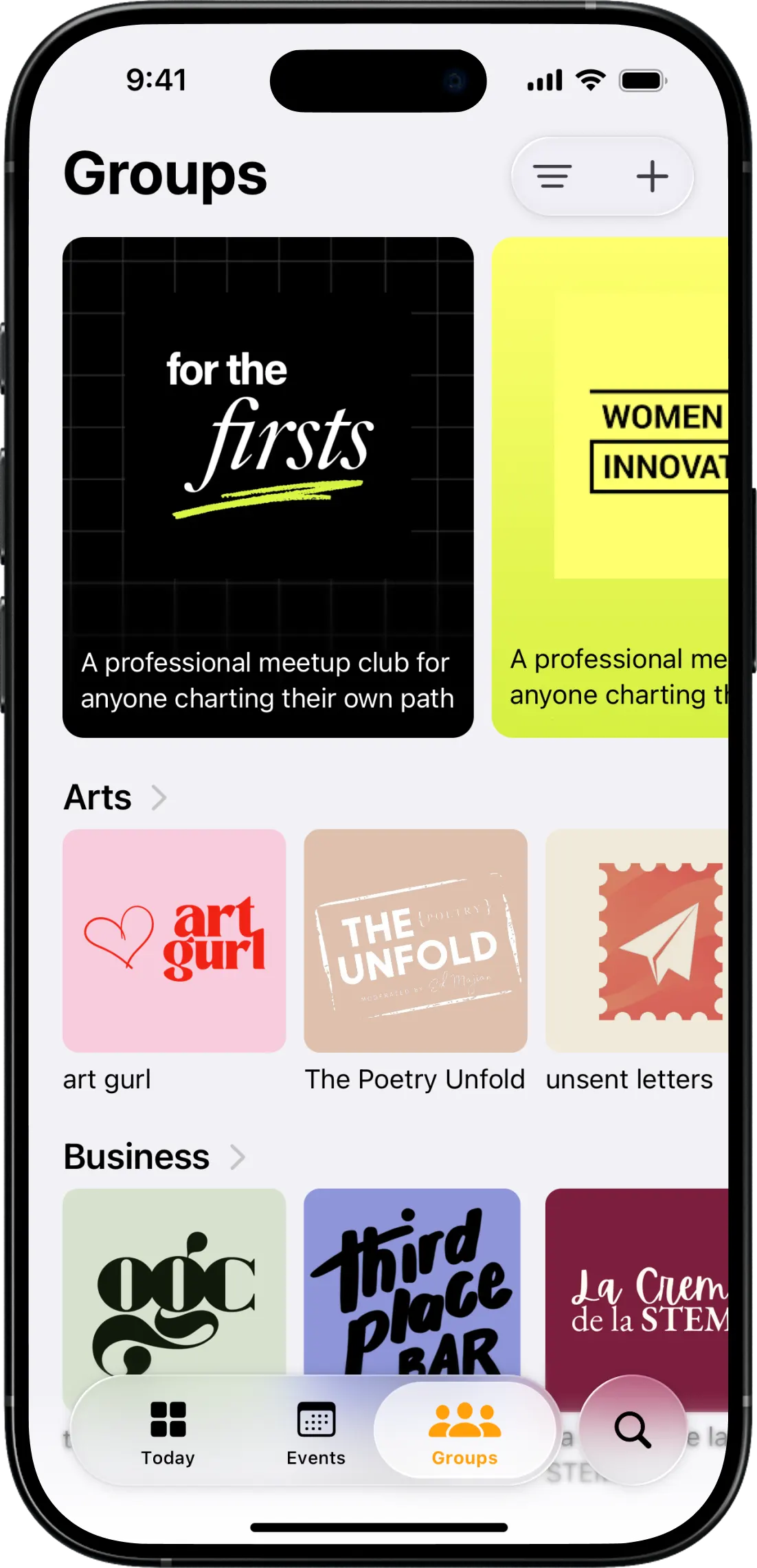 Fabrik Groups tab showing community cards grouped into Arts and Business categories