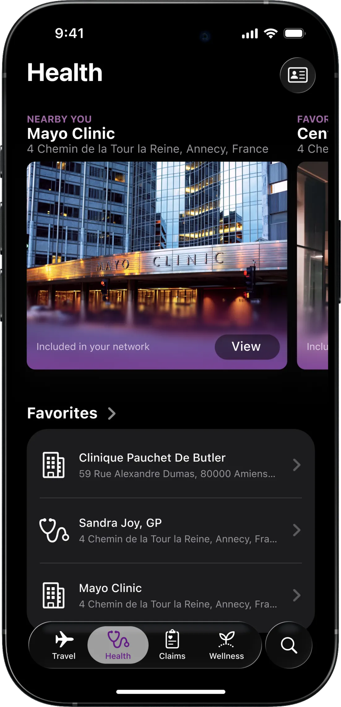 Aetna Health tab listing nearby providers, with the Mayo Clinic in Annecy marked as included in your network and a list of favourites below