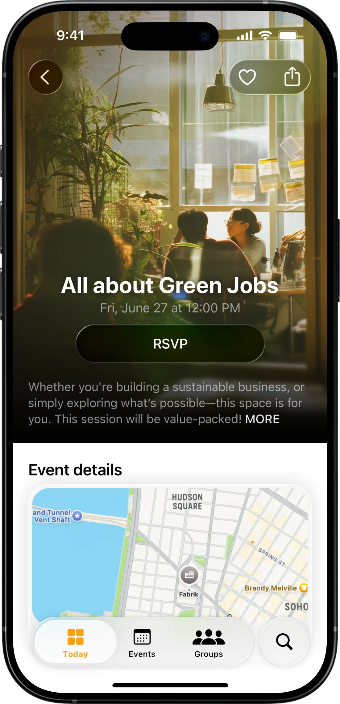 Event page for All about Green Jobs, with an RSVP button, description and a map of the venue in Hudson Square