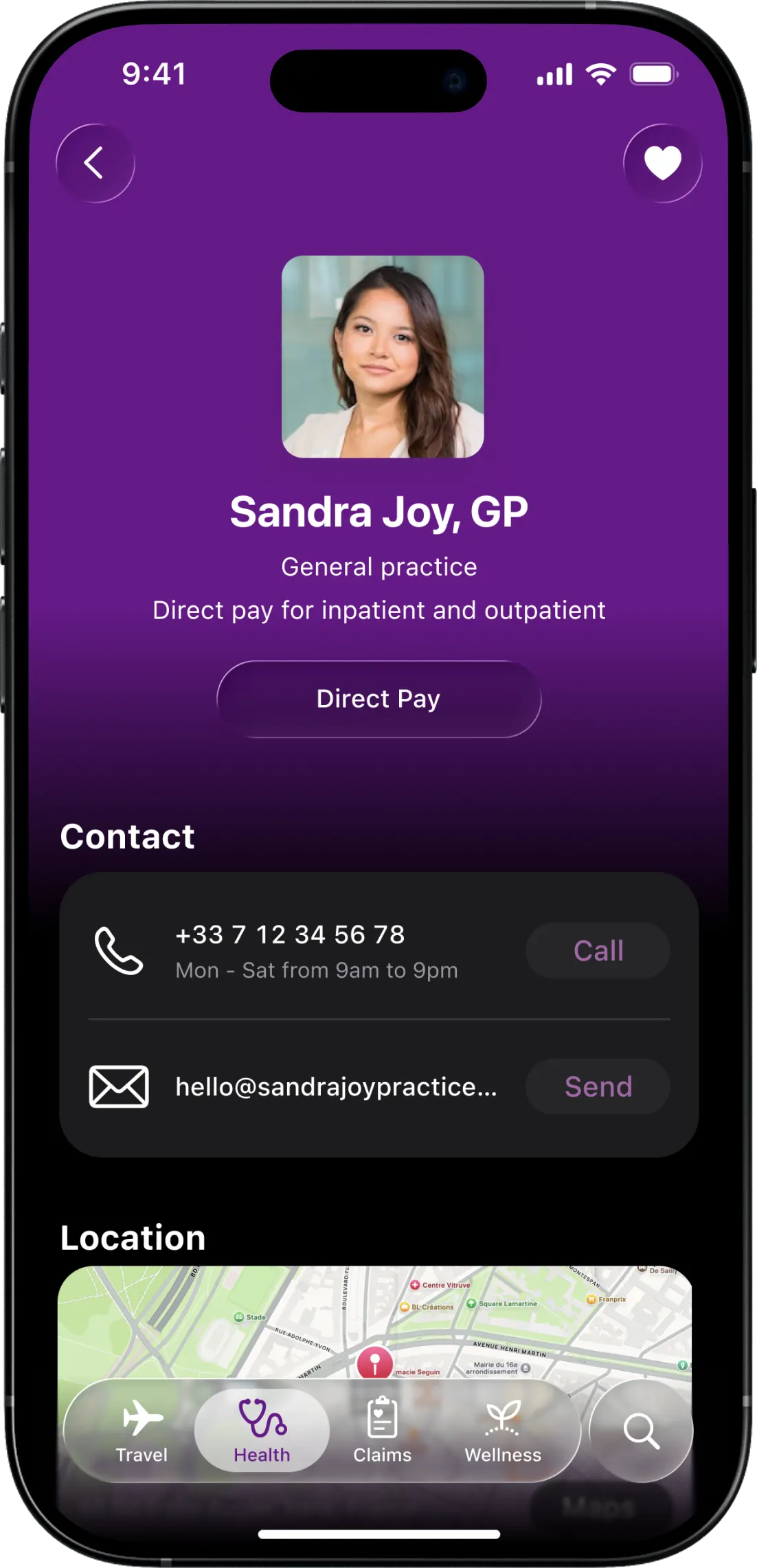 Provider profile for Sandra Joy, GP, with a Direct Pay button, phone and email contact rows and a location map