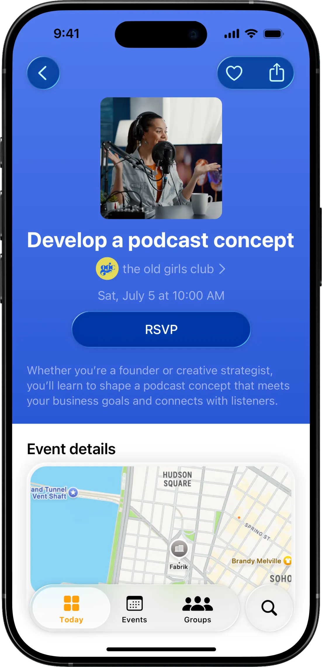Event page for Develop a podcast concept, hosted by the old girls club, with an RSVP button and venue map
