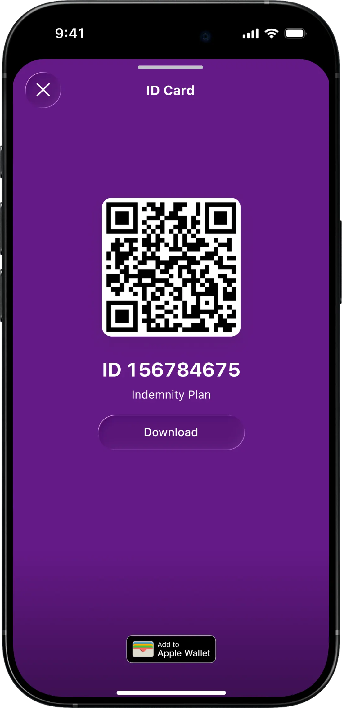 Member ID card screen with a large QR code, plan number, and buttons to download it or add it to Apple Wallet