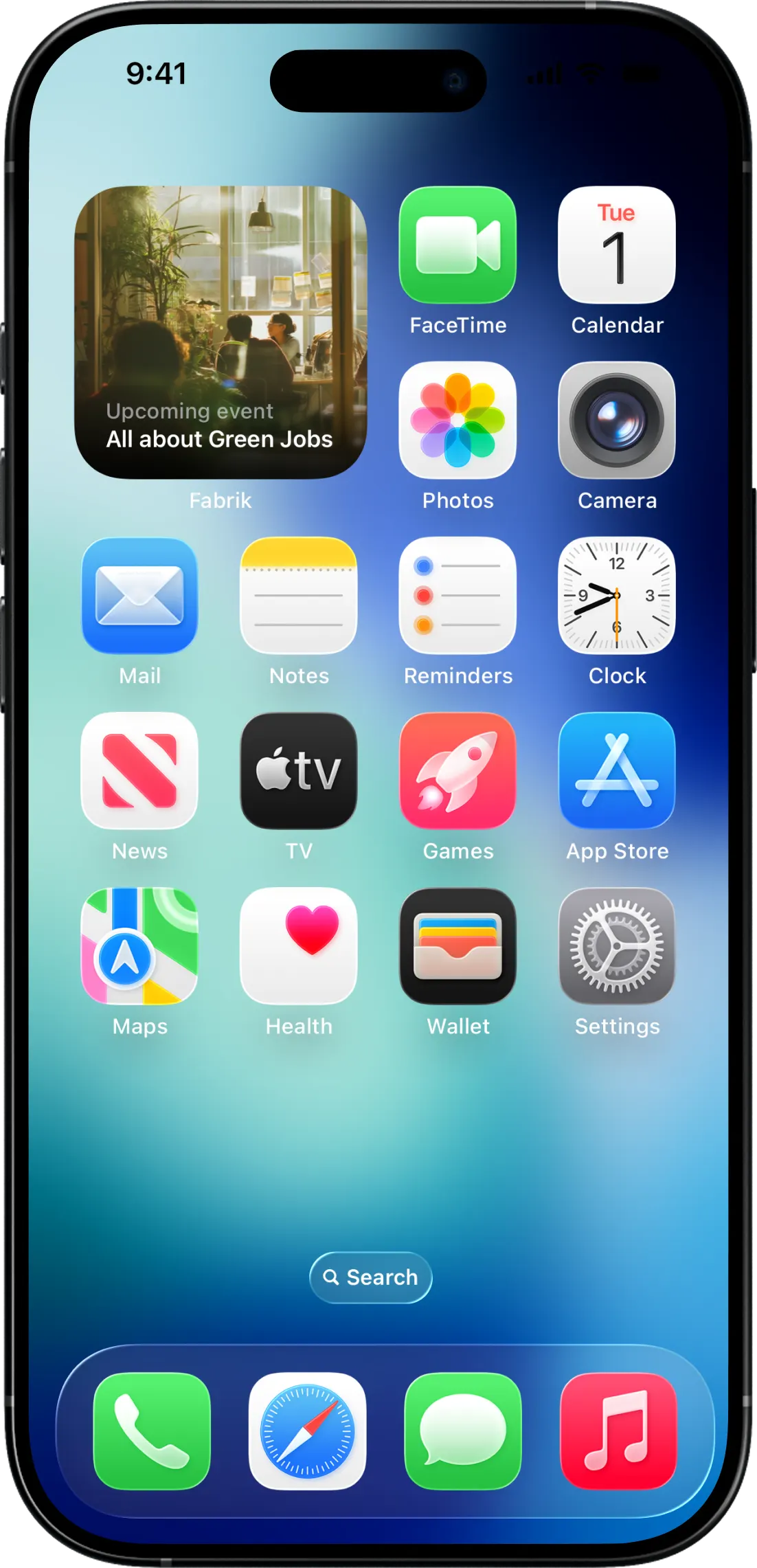 iPhone home screen with a Fabrik widget showing the next upcoming event