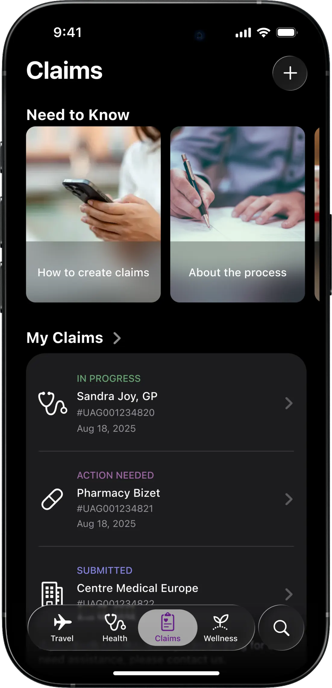 Aetna Claims tab with explanatory cards above a list of claims labelled In Progress, Action Needed and Submitted