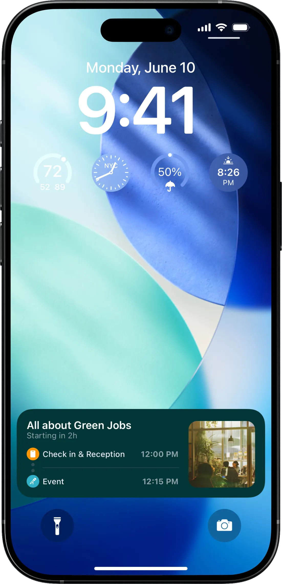 iPhone lock screen with a Fabrik live activity counting down to the All about Green Jobs event