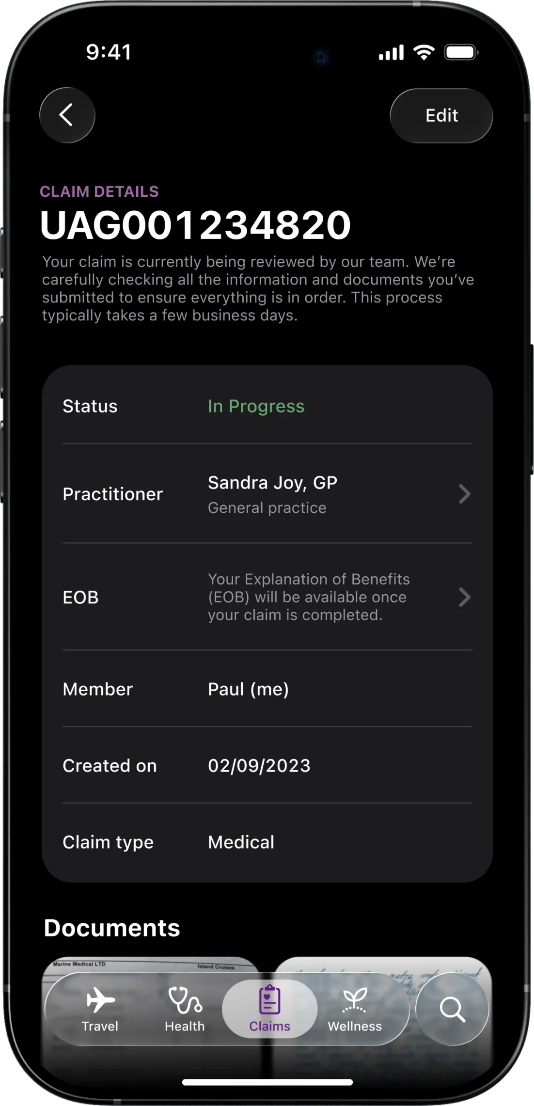 Claim detail screen for claim UAG001234820, listing status In Progress, the practitioner, member and claim type