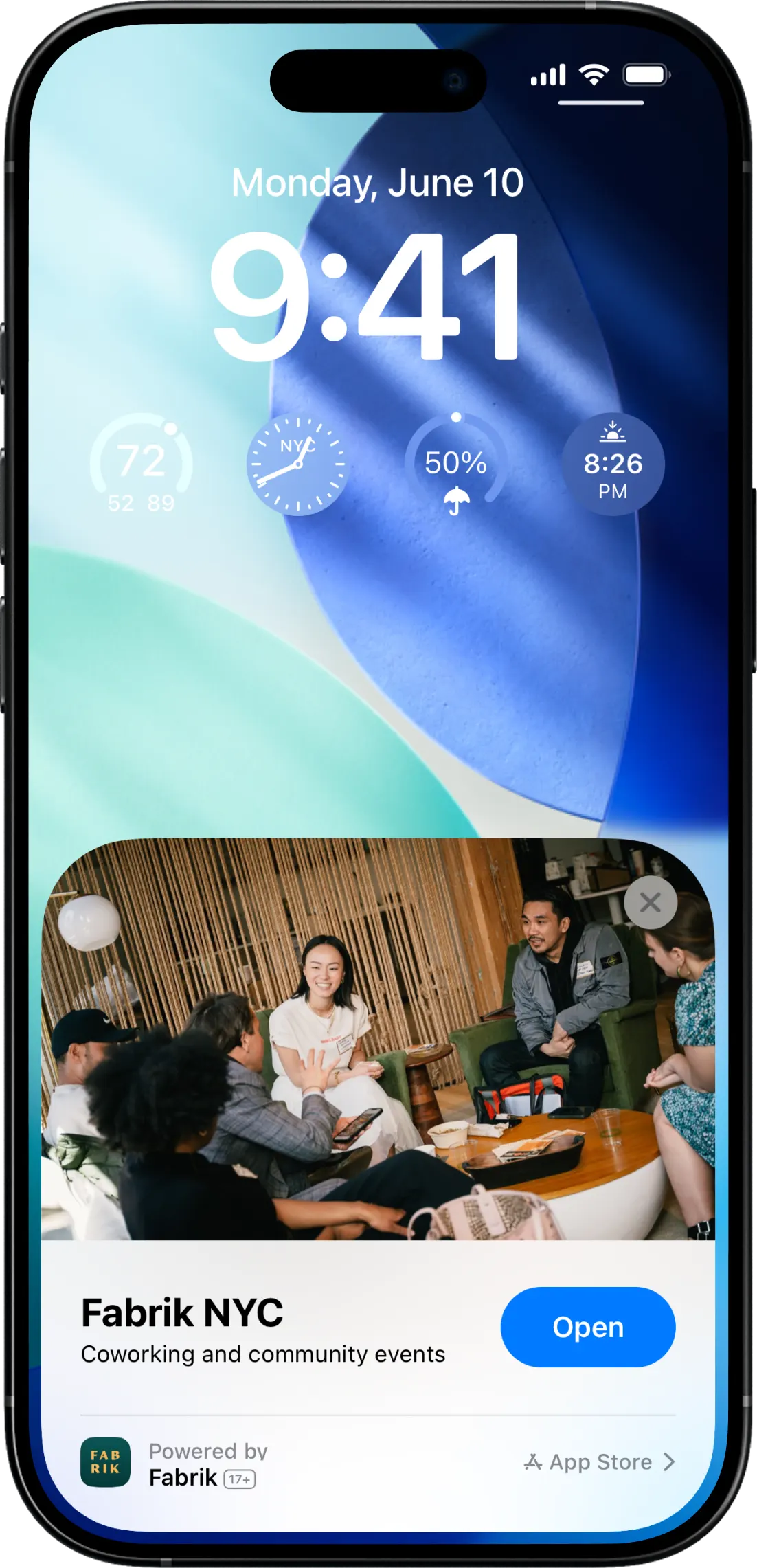 iPhone lock screen showing a Fabrik NYC app card with an Open button