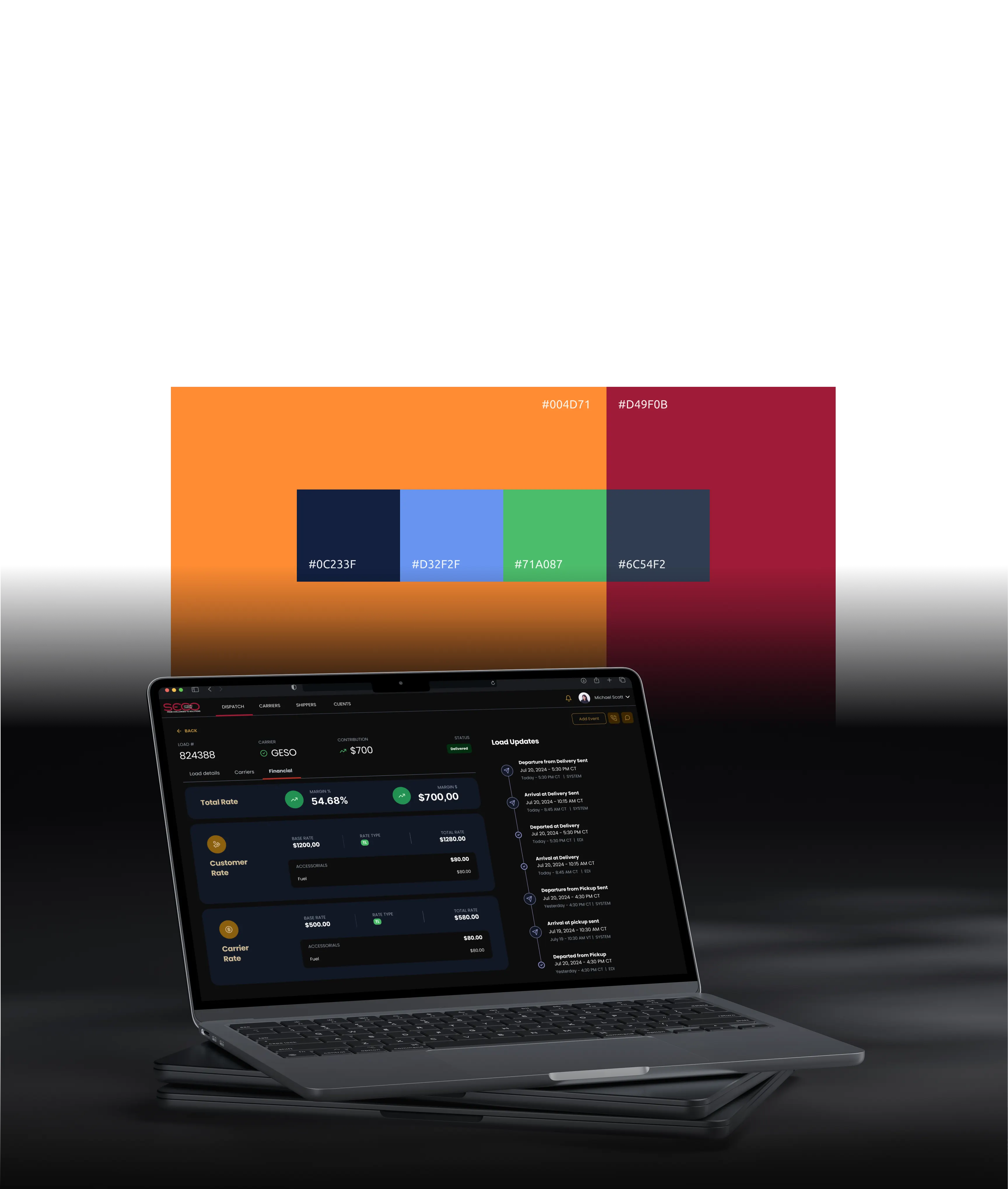 Seco design system sheet: the Ubuntu typescale, an orange, blue and crimson colour palette with hex values, and the load financials screen shown on a laptop
