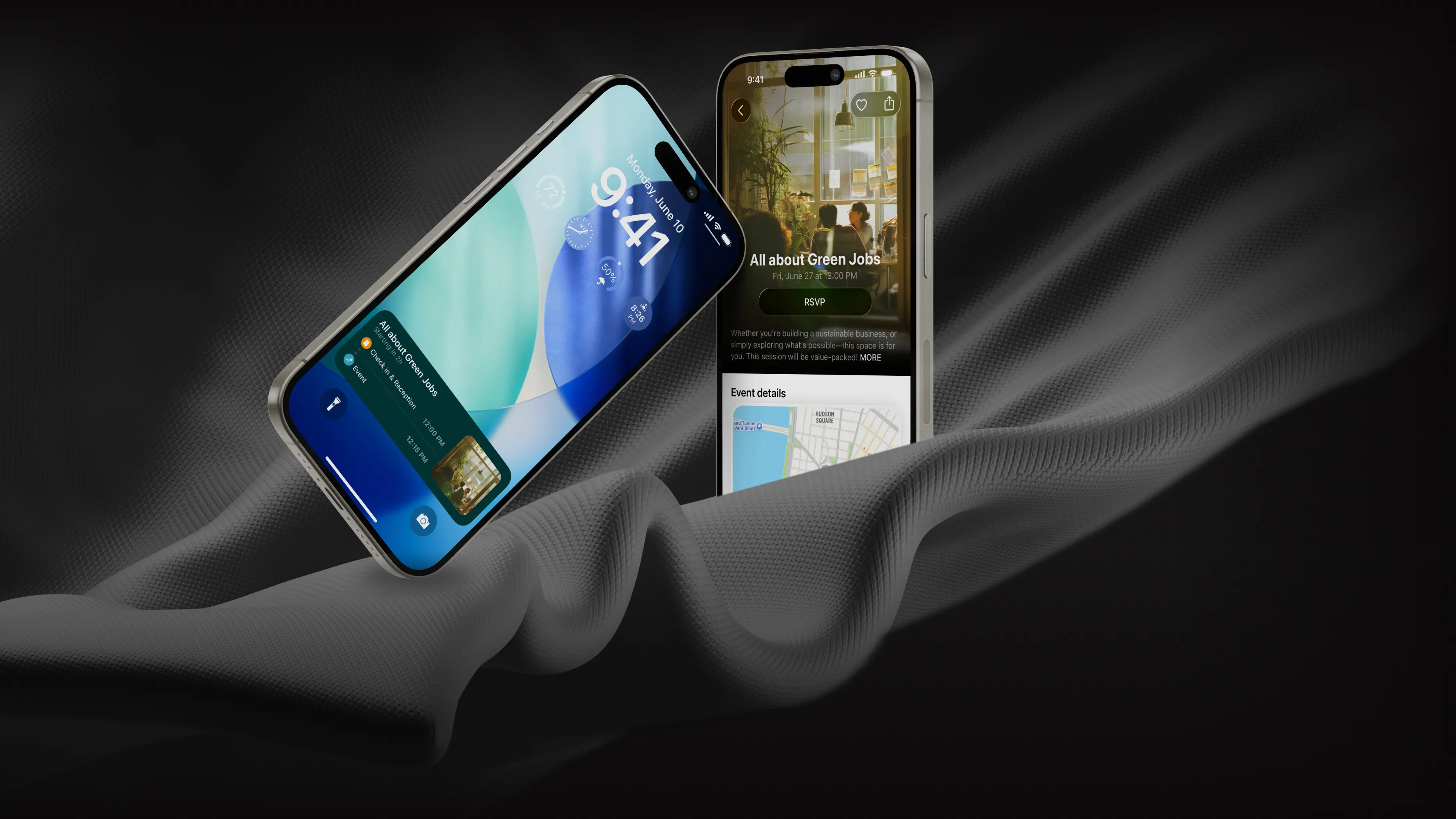 Two phones on rippled dark fabric, one showing the Fabrik lock screen activity and the other an event page